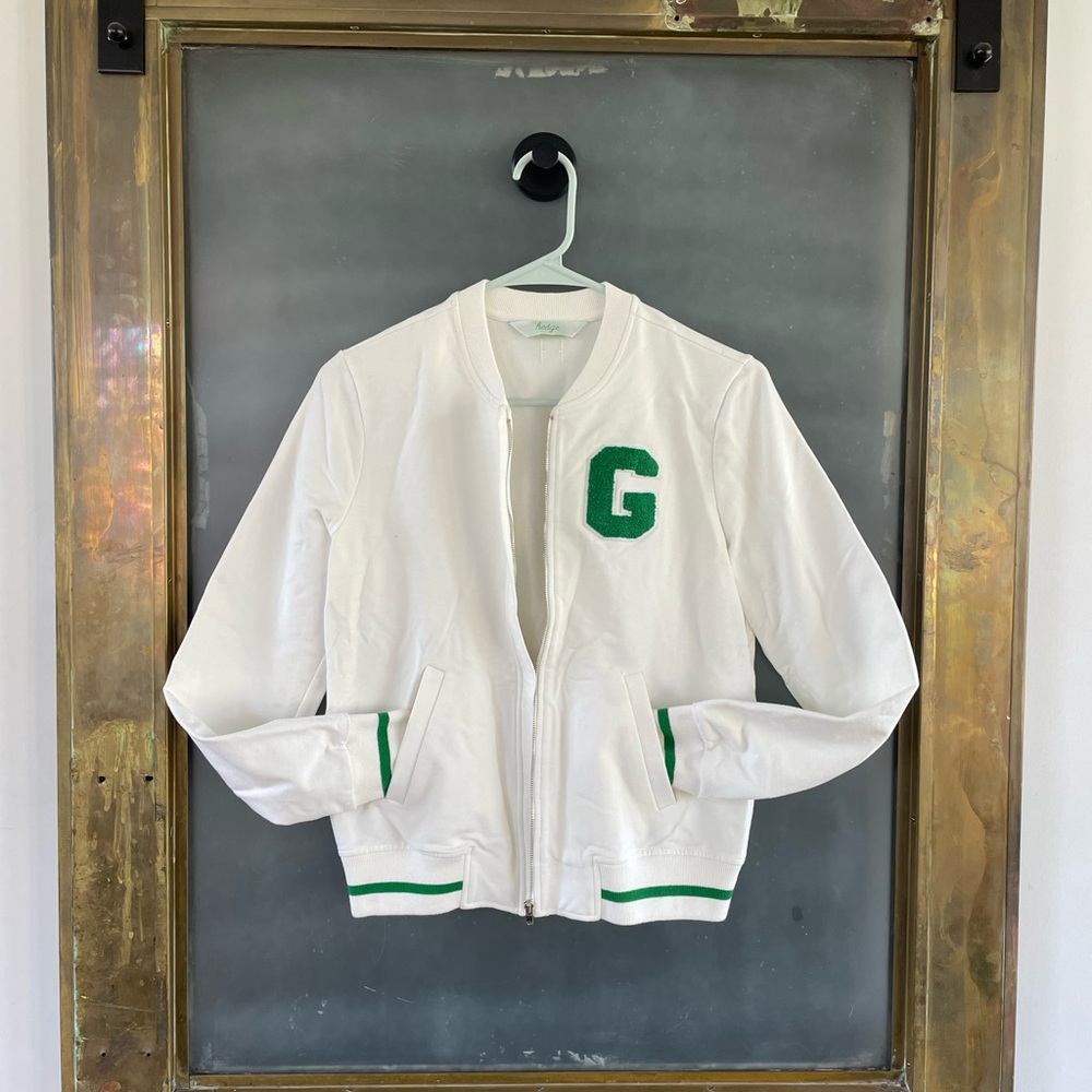 HEDGE White Varsity Golf Jacket with Green Trim and 'G' Patch